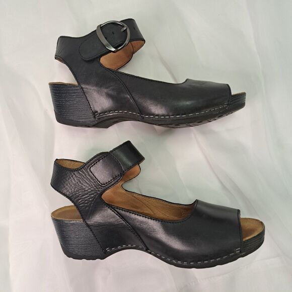Dansko Tiana Peep-Toe Wedge Sz 37 Black Burnished Calf Leather Boho Chic Modern - Picture 5 of 9